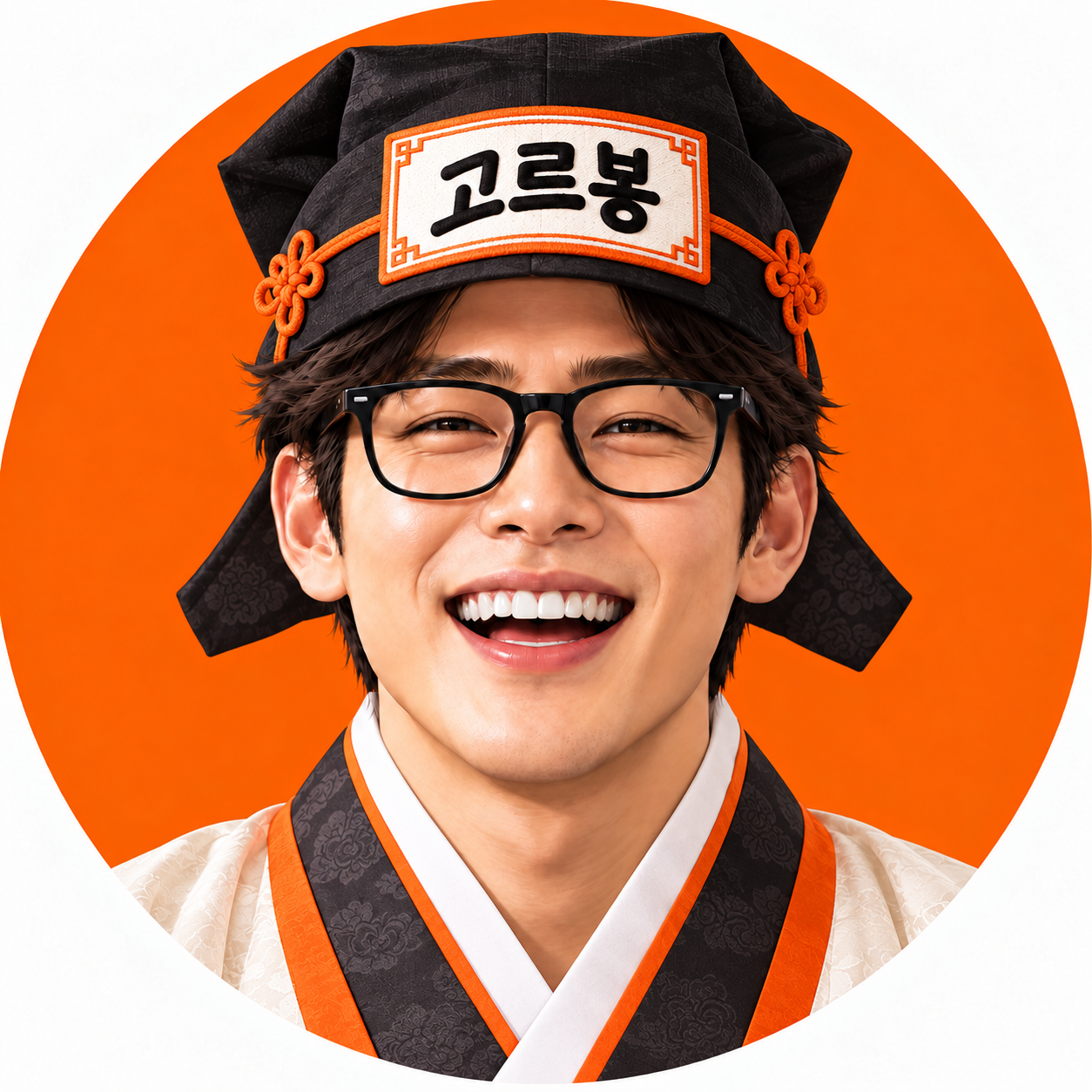 도사 모자와 주황색 도포 차림으로 활짝 웃는 고르봉